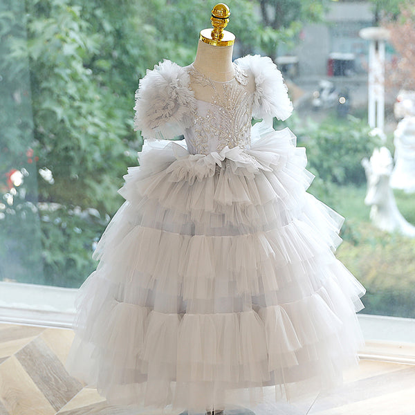 Girl First Communion Dress Children Princess Summer Gray Fluffy Cake Party Dress