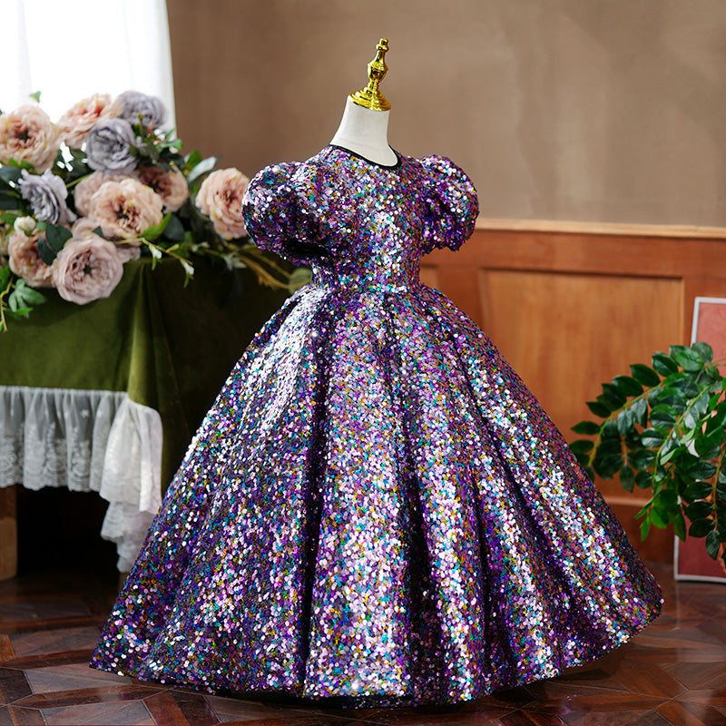 Flower Girl Dress Children Communion Birthday Party Dress Purple Sequins Pageant Dress