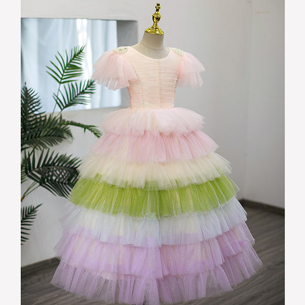 Flower Girl Dress Children Summer Rainbow Colorful Mesh Fluffy Skirt Cake Princess Party Dress