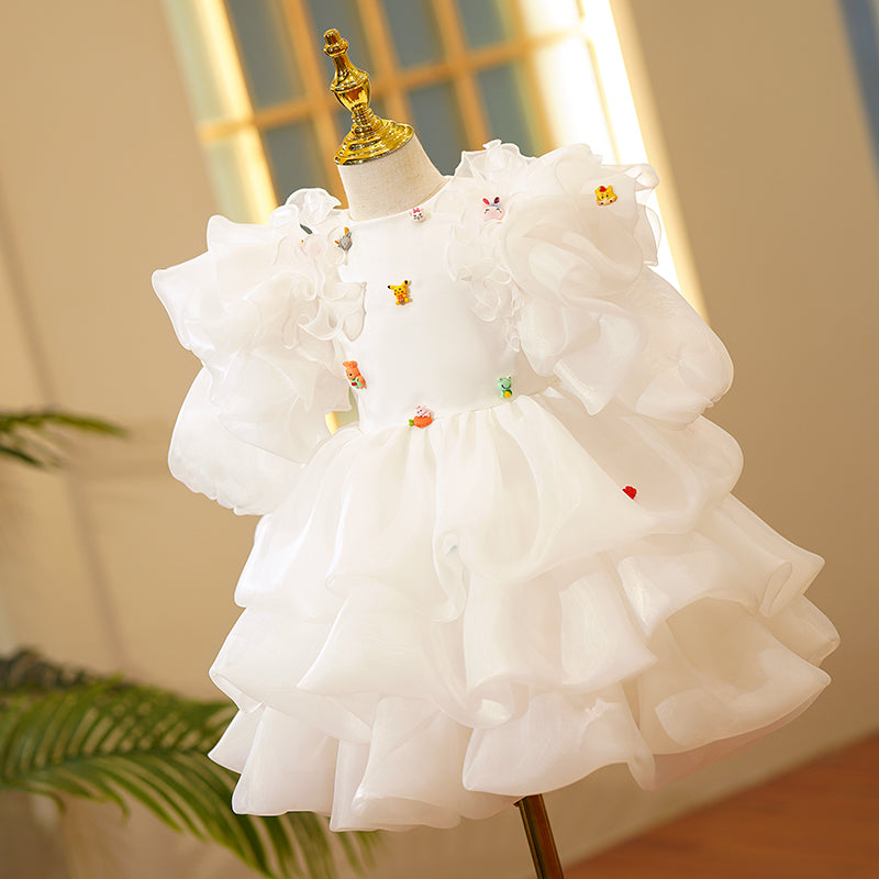 Toddler Ball Gowns Girl Birthday Party Flower Puff Sleeves Cute White Fluffy Princess Dress