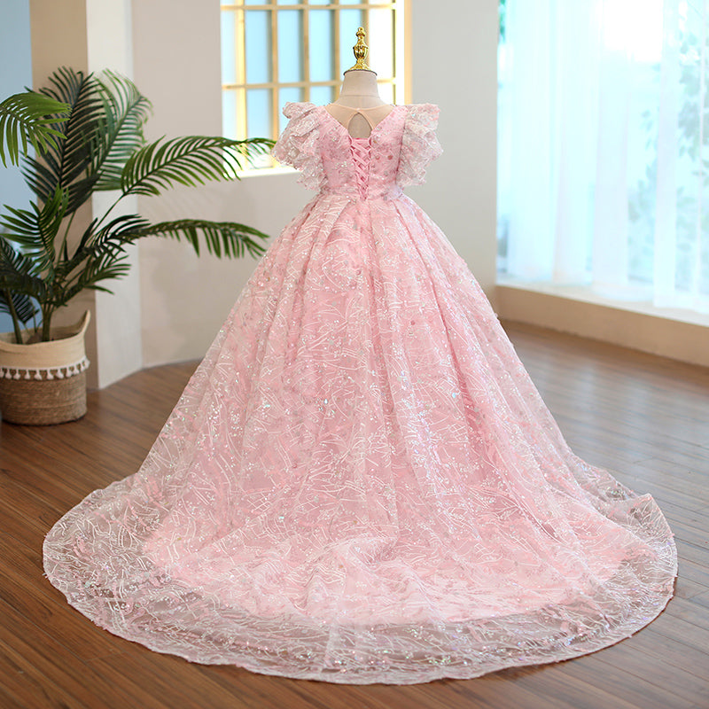 Flower Girl Dress Little Girl Communion Dress Summer Pink Trailing Sequin Princess Party Dress