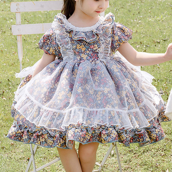 Baby Girl Dress Toddler Ball Gowns Summer Short Sleeve Vintage Print Princess Dress