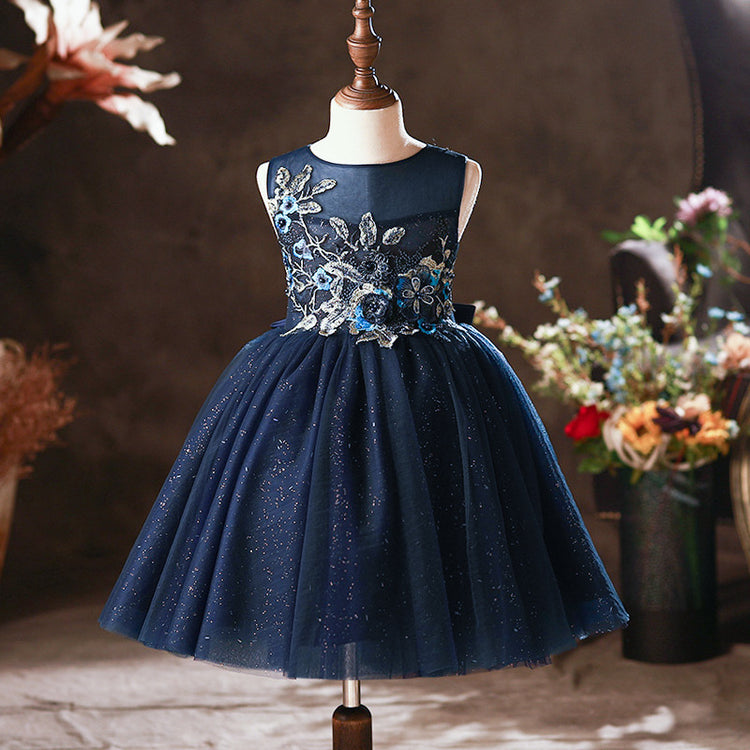 Baby Girl Formal Princess Dresses Girl Summer Round Neck Blue Embroidery Birthday Party Dress
