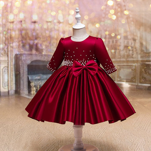 Girl Christmas Dress Baby Girl Formal Dresses Toddler Beaded Bow Wedding Dress Girl Birthday Dresses