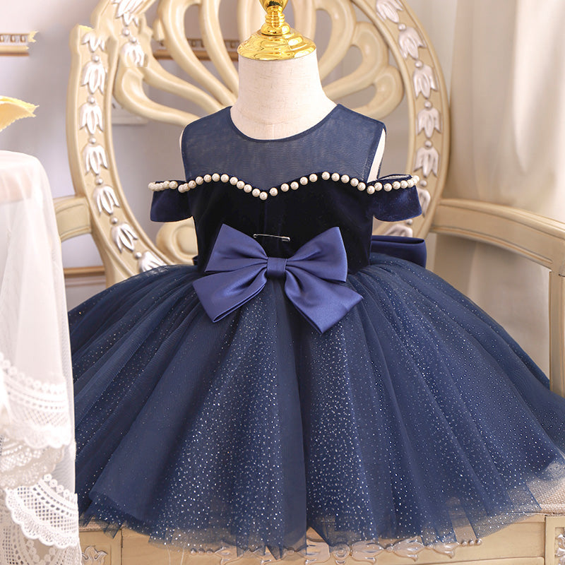 Baby Girl Formal Princess Dresses Toddler Blue Beadwork Bow Puffy Birthday Party Dress