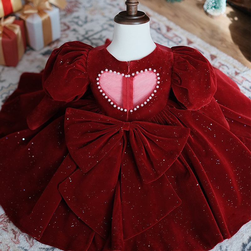 Girl Christmas Dress Flower Girl Dress Toddler Puff Sleeves Red Velvet Sequins Birthday Party Dress