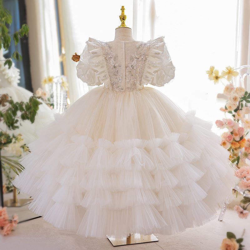 Flower Girl Dress Toddler White Court Sequin Puffy Princess Christening Dress