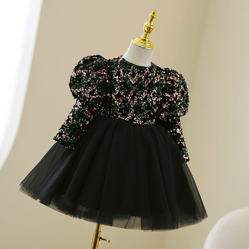 Elegant Girl Black Sequins Puffy Princess Dress