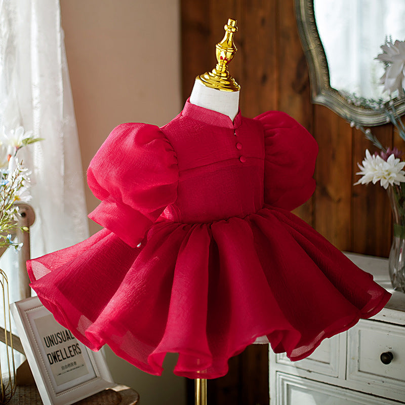 Girl Christmas Dress Baby Girl Pageant Dresses Girl Summer Wine Red Stand Collar Fluffy Formal Princess Dress