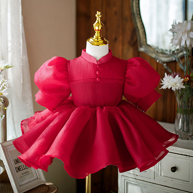 Girl Christmas Dress Baby Girl Pageant Dresses Girl Summer Wine Red Stand Collar Fluffy Formal Princess Dress, Wine Red / 2-3 Years (100cm)