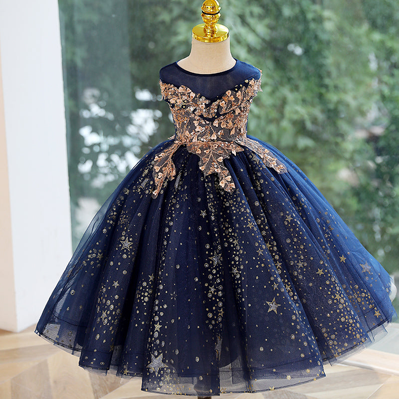 Pageant Dresses Navy Blue Lace Flower Girl Dress One Shoulder Navy