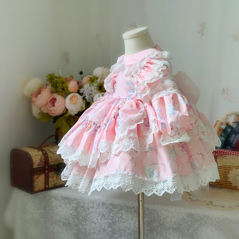 Baby Girl Pink Long Sleeve Lolita Lace Dresses Girl Princess Party Dresses