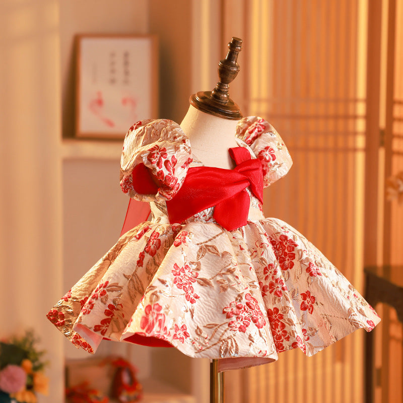 Baby Girl Christening Dress Toddler Printed Birthday Party Dress Girl Bow Knot Puffy Princess Dress