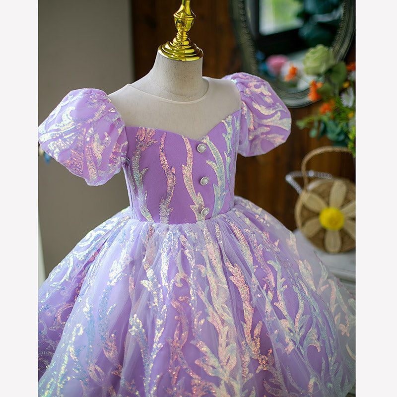 Flower Girl Dress Little Girl Puff Sleeves Summer Cute Sequins Cake Birthday Party Dress