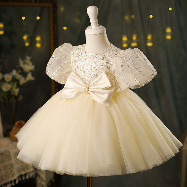 Baby Girl Champagne Bow Sequins Puffy Birthday Princess  Dress