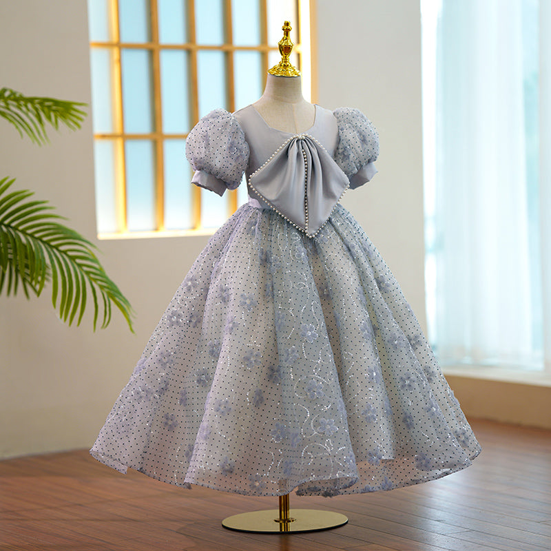 Toddler Prom Dress Girl Luxury Puff Sleeves Grey Bow Puffy Birthday Princess Dress Toddler Prom Dress Girl Luxury Puff Sleeves Grey Bow Puffy Birthday Princess Dress