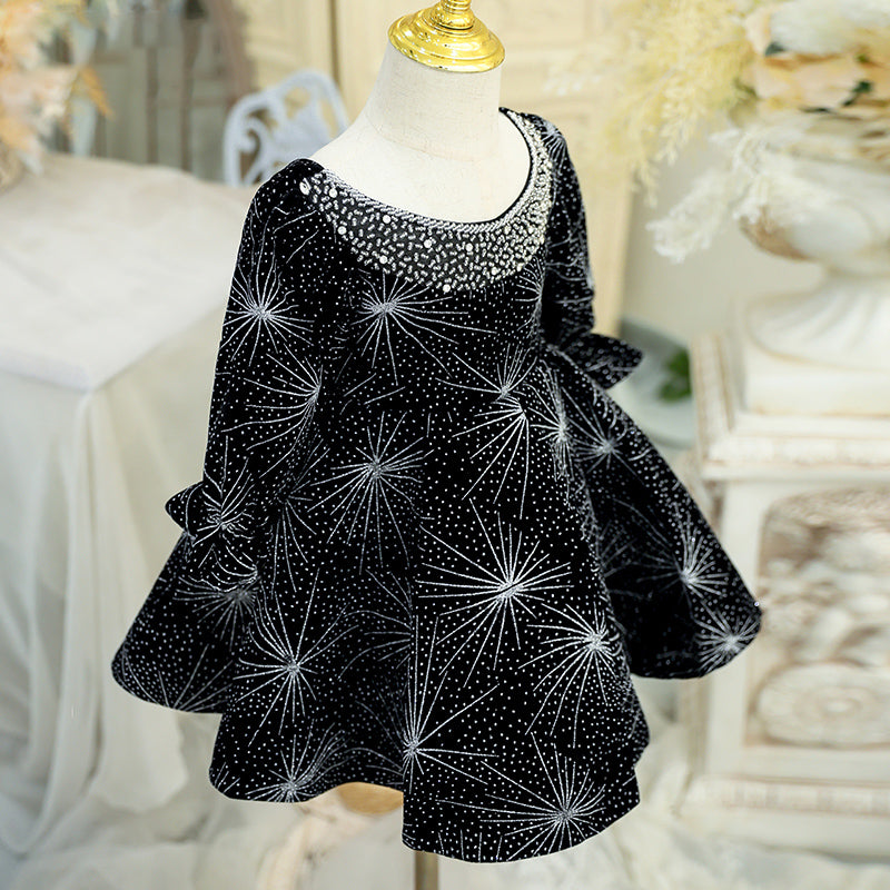 Baby Girl Dress Toddler Ball Gowns Birthday Party Dress Black Long Sleeve Sequin Beads Dress