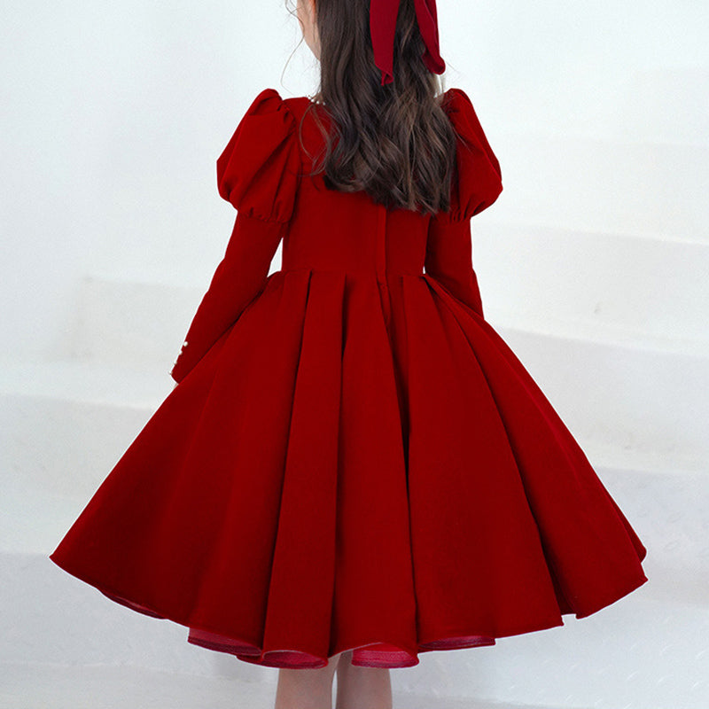 Girl Christmas Dress First Communion Dress Girl Elegant Pageant Dresses Baby Girl Red Long Sleeve Fluffy Princess Dress