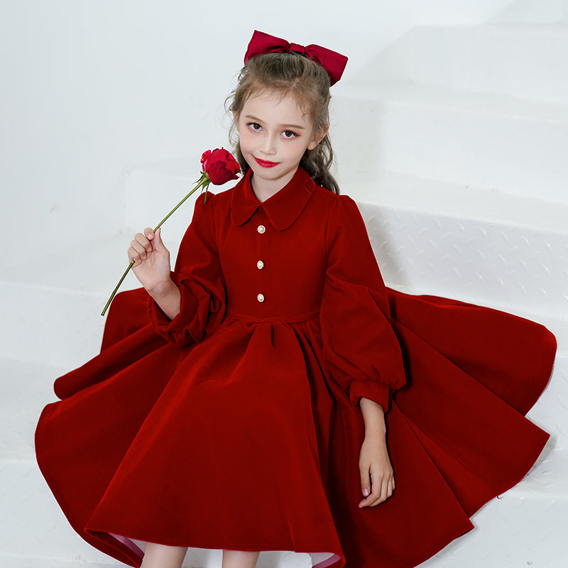 Girl Christmas Dress Baby Girl Dress Toddler Winter Red Long Sleeve Doll Collar Pageant Princess Dress