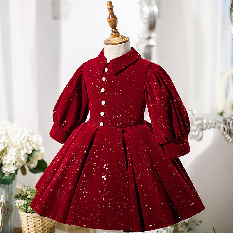 Baby Girl Dress Toddler Easter Birthday Party Dress Winter Red Long Sleeve Square Neck Sequined Princess Dress