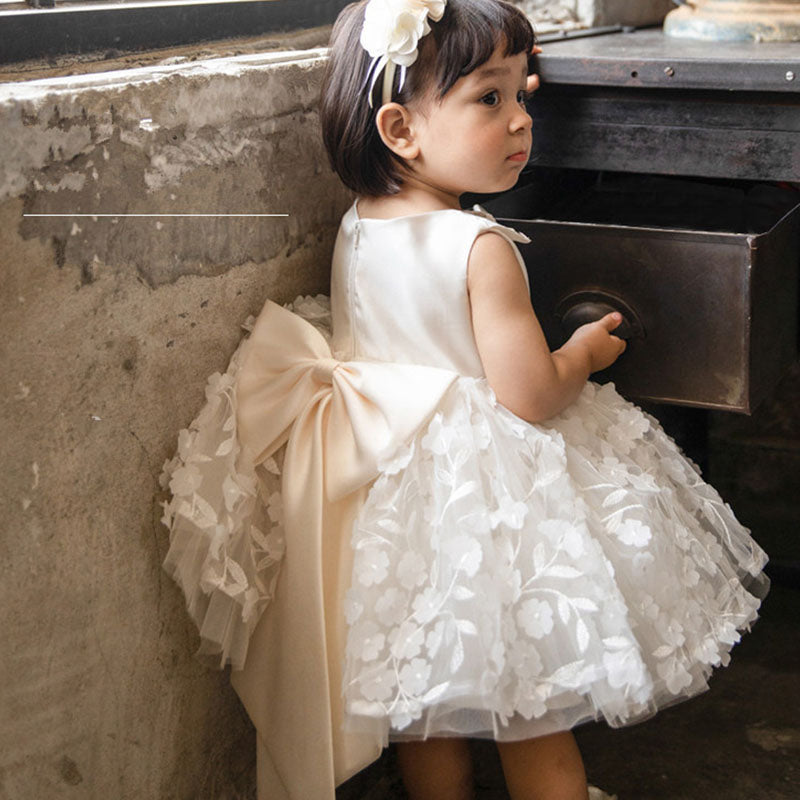 Flower Girl Dresses Baby Girl Summer White Puffy bow Birthday Party Dress Toddler Christening Dresses