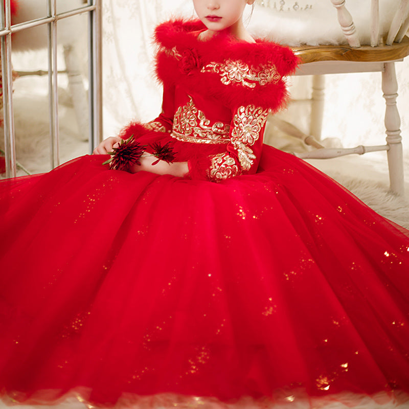 Flower Girl Dress Little Girl Communion Dress Winter Fur Red Long Sleeve Pageant Princess Dress