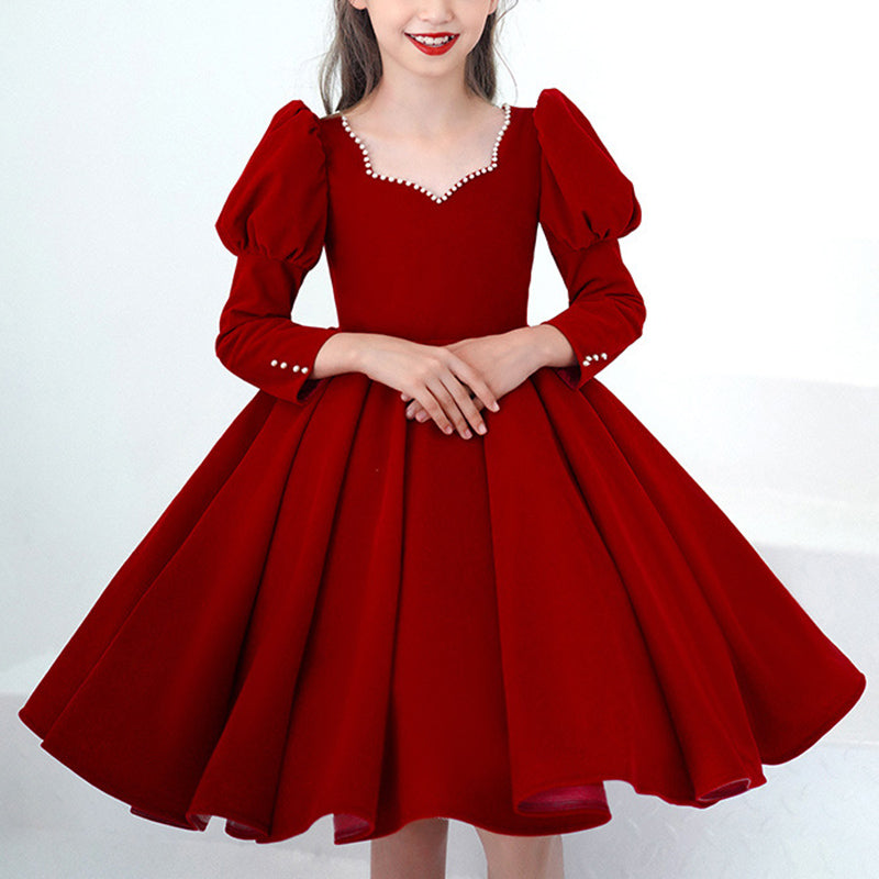 First Communion Dress Girl Elegant Pageant Dresses Baby Girl Red Long Sleeve Fluffy Princess Dress