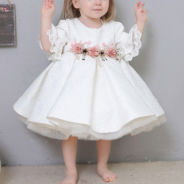 Flower Girl Dress Toddler Communion Formal White Bow Lace Baby Baptism Dress