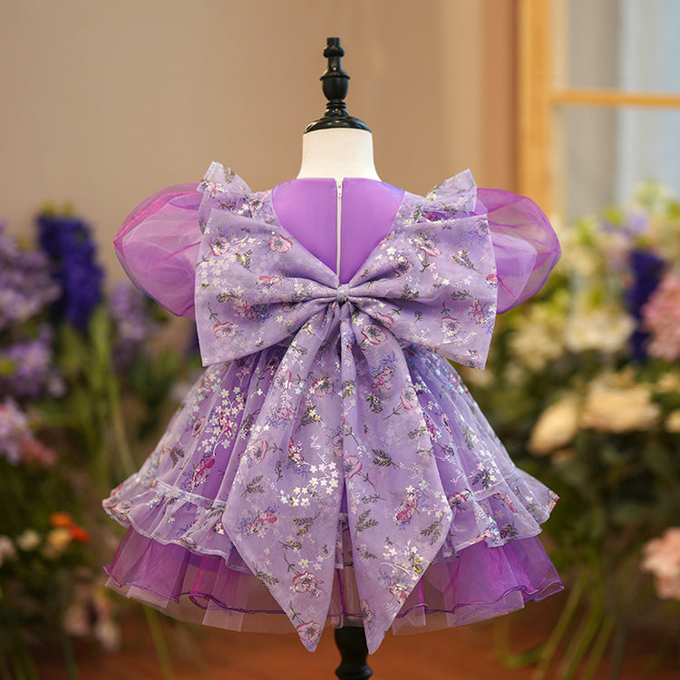 Little Girl Dress Toddler Ball Gowns Bow Purple Birthday Cake Party Dress