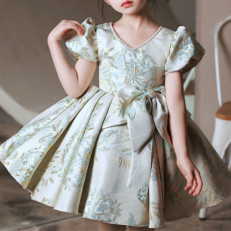 Toddler Ball Gowns Girl Vintage Printing Bow-Knot Party Princess Dress