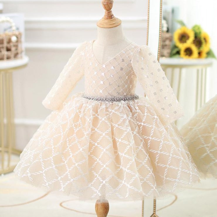 Toddler ball Gowns Girl Long Sleeve Sequin Back Hollow Bead Formal Princess Dress