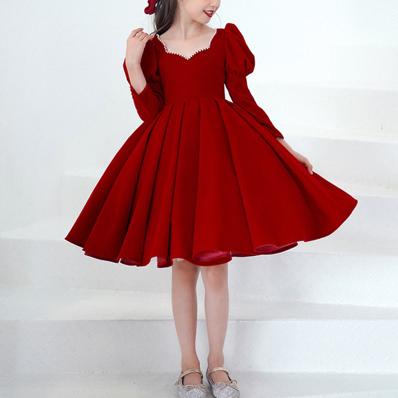 Girl Christmas Dress First Communion Dress Girl Elegant Pageant Dresses Baby Girl Red Long Sleeve Fluffy Princess Dress