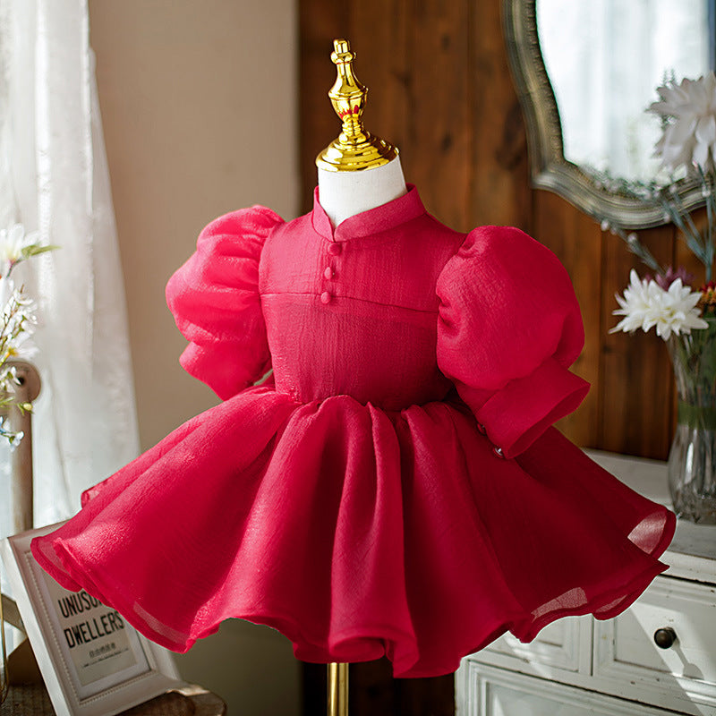 Girl Christmas Dress Baby Girl Pageant Dresses Girl Summer Wine Red Stand Collar Fluffy Formal Princess Dress