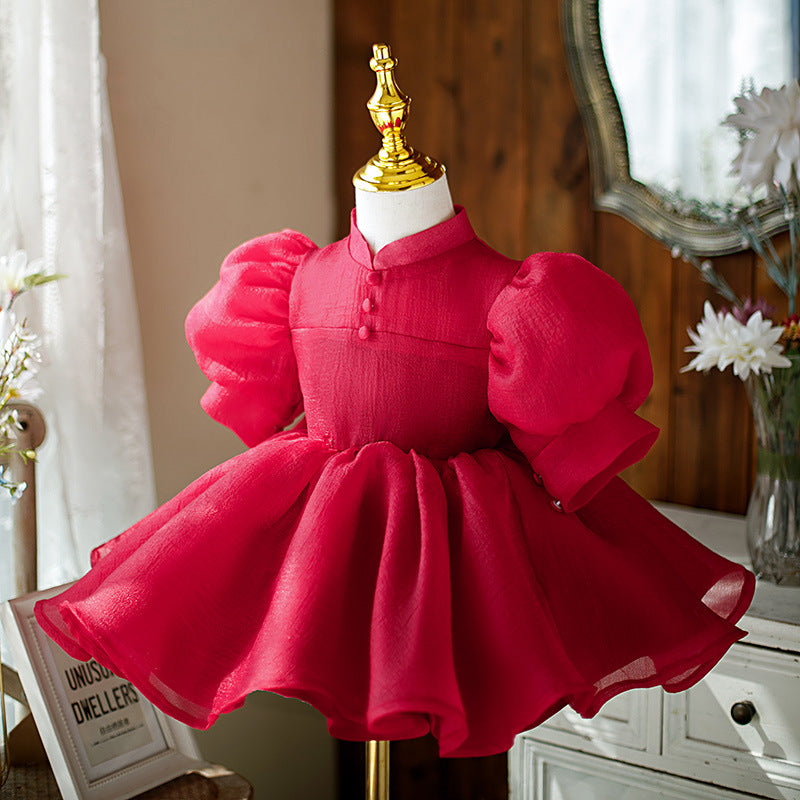 christmas dress for newborn Girl Christmas Dress Baby Girl Pageant Dresses Girl Summer Wine Red Stand Collar Fluffy Formal Princess Dress, Wine Red / 2-3 Years (100cm)