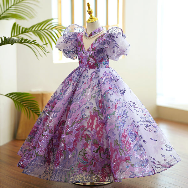 Baby Girl and Todler Communion Dress Flowers Purple Sequins Puffy Birthday Princess Dress