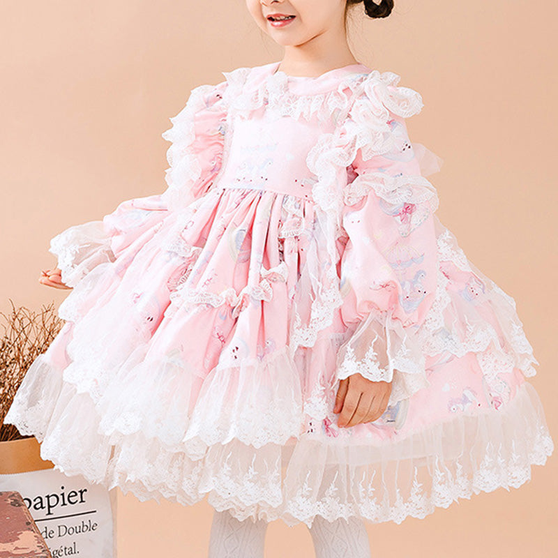 Baby Girl Pink Long Sleeve Lolita Lace Dresses Girl Princess Party Dresses