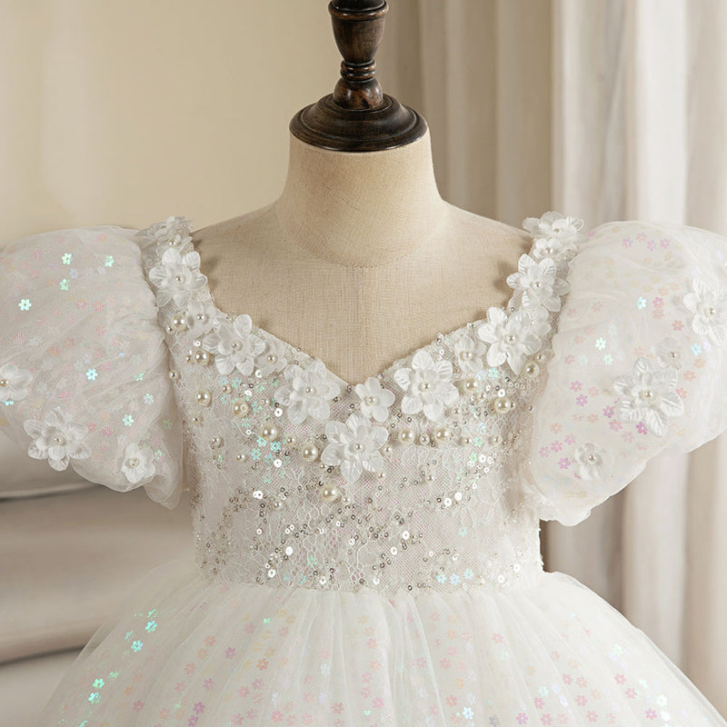 Little Girel First Communion Dress Flower Girl White Sequins Wedding Princess Baptism Dress