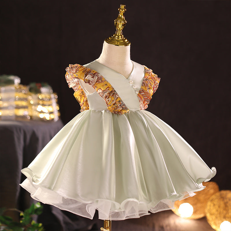 Flower Girl Dress Toddler Birthday Party Elegant V-neck Beaded Bow Princess Dress