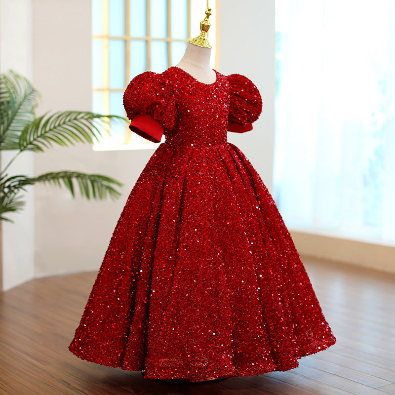 Girl Christmas Dress First Communion Dress Red Sequin Round Neck Birthday Party Princess Dress