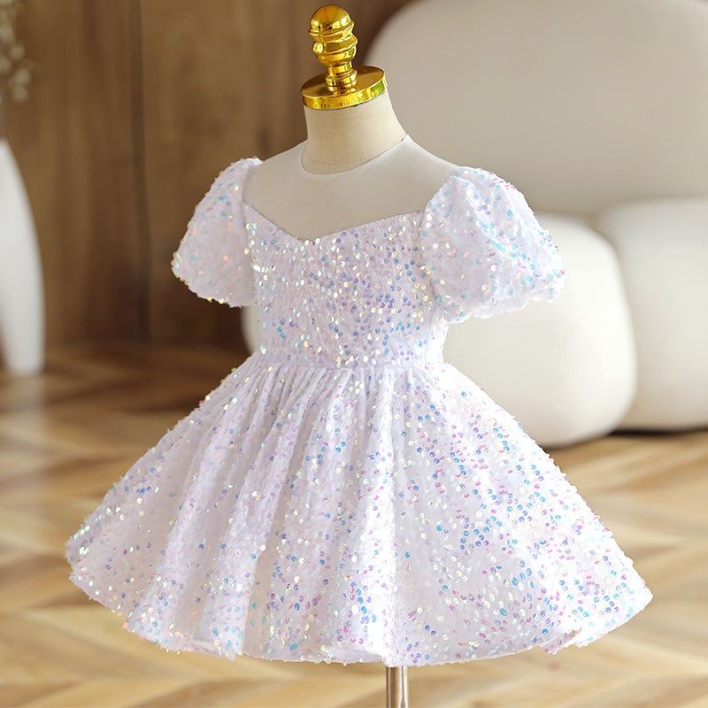 Flower Girl Dress Toddler Summer White Sequins Mesh Pageant Princess Party Dress, White / 5-6 Years (130cm)