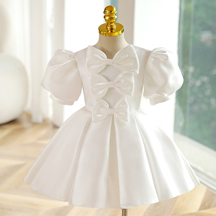 Flower Girl Dress Toddler Summer Princess Party Dress White Textured Bow Baptism Dress