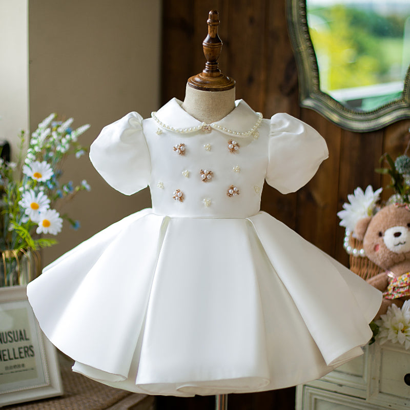 Toddler Prom Dress Girl Princess Summer White Bead Doll Collar Christening Dress