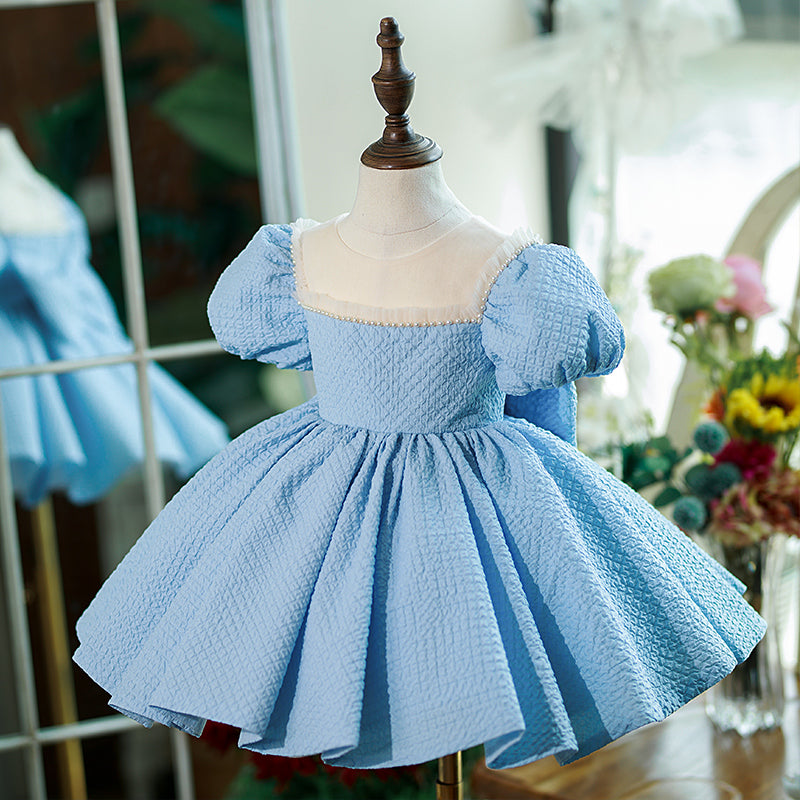 Baby Girl Dress Toddler Puff Sleeves Summer Beaded Big Bow Princess Dress