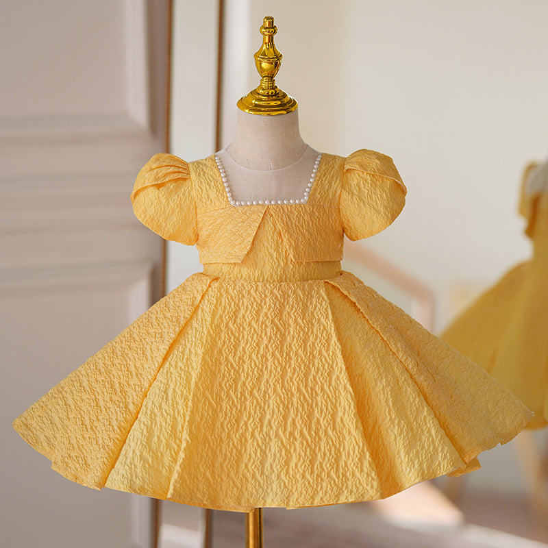 Baby Girl Dress Toddler Princess Dress Yellow Puff Sleeve Beaded Formal Communion Dress