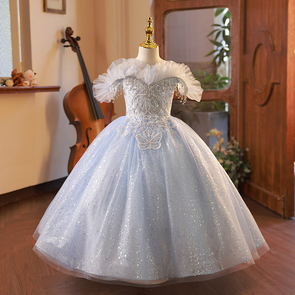 Elegant Baby Girls One Shoulder Sequin Blue and White Princess Dress Toddler Girls Formal Dresses