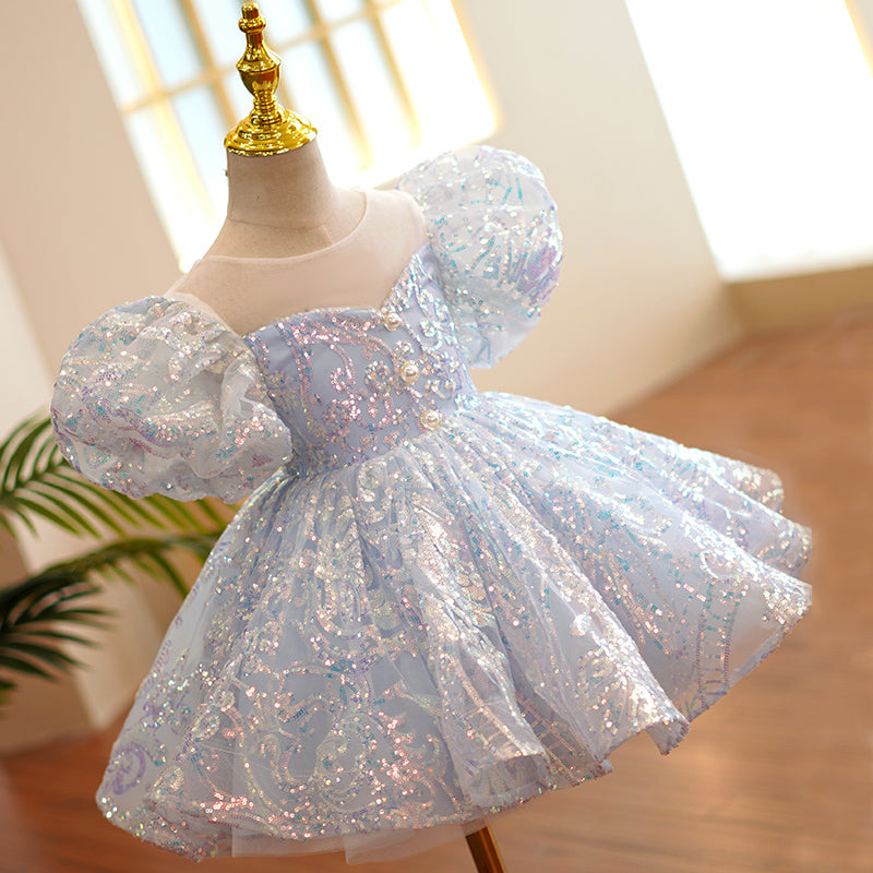 Baby Girl Birthday Party Dress Blue Sequin Bubble Princess Dress