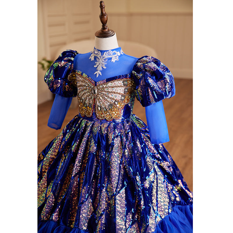 Toddler Girl Birthday Party Dress Blue Retro Sequin Tail Fluffy Princess Dress