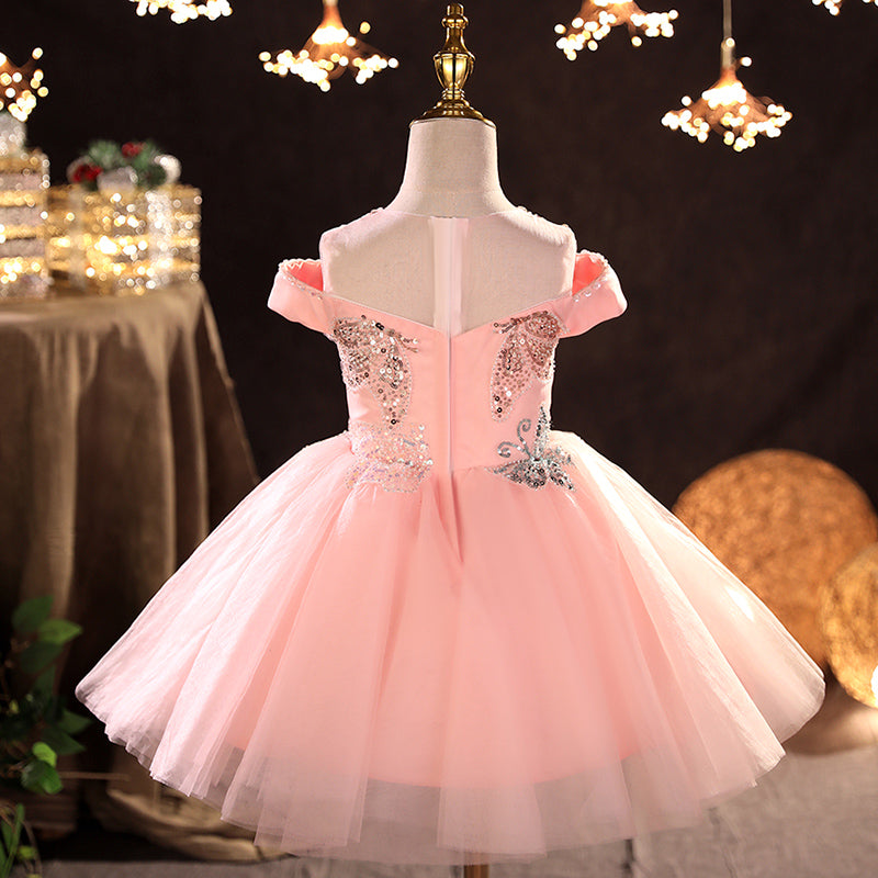 Baby Girl First Communion Dress Girl Pink Sequin Butterfly Mesh Fluffy Princess Party Dress
