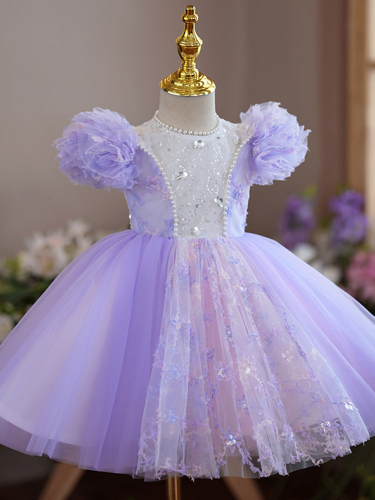Toddler Prom Dress Girl Purple Puff Sleeves Birthday Party Dress