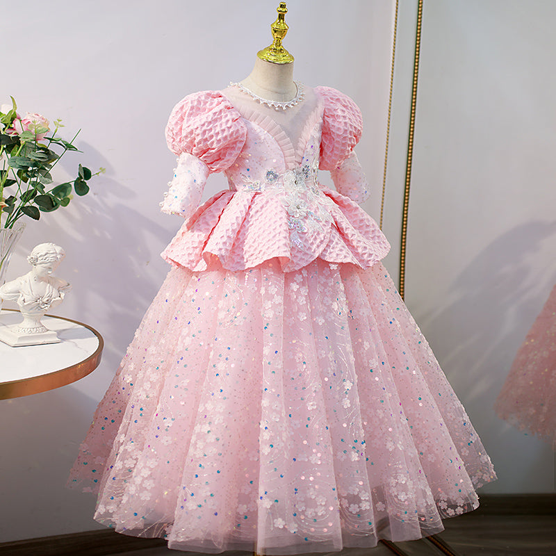 Flower Girl Dress Children Communion Pageant Elegant Cute Sequins Pink Princess Party Dress